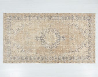 Vintage Oushak Rug, 5x8 Neutral Beige Blue Living Room Rug