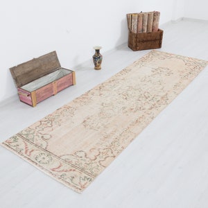 Vintage Turkish Oushak Runner Rug: 3x10 Beige Hallway Rug
