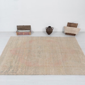 7x10 Vintage Turkish Oushak Rug: Faded Pink Anatolian Area Rug