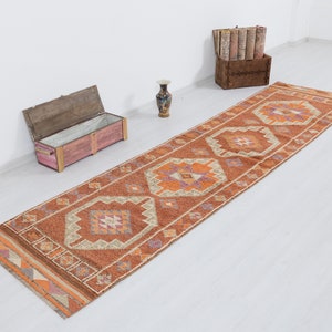 3x11 Vintage Runner, Turkish Oushak Runner Rug, Eclectic Fine Aztec Runner rug, Hallway Boho Kitchen rug, One of a kind, Rug Runner, 1993 image 1