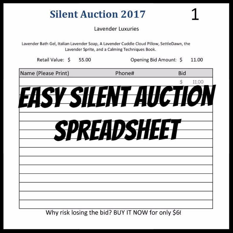 K&ouml;nnte beinhalten: Ein wei&szlig;es Blatt mit dem Text "Silent Auction 2017" und "Easy Silent Auction Spreadsheet" in Schwarz. Das Blatt listet "Lavender Luxuries" auf und enth&auml;lt einen Einzelhandelswert von 55,00 $ und ein Startgebot von 11,00 $.
