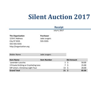 K&ouml;nnte beinhalten: Eine Quittung von einer stillen Auktion im Jahr 2017. Das Dokument enth&auml;lt die Adresse und Kontaktinformationen der Organisation, die Details des K&auml;ufers und eine Liste von Artikeln mit ihren Gebotsbetr&auml;gen. Der Gesamtgebotsbetrag betr&auml;gt 85,00 &euro;.