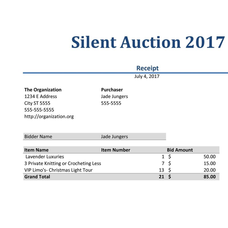 K&ouml;nnte beinhalten: Eine Quittung von einer stillen Auktion im Jahr 2017. Das Dokument enth&auml;lt die Adresse und Kontaktinformationen der Organisation, die Details des K&auml;ufers und eine Liste von Artikeln mit ihren Gebotsbetr&auml;gen. Der Gesamtgebotsbetrag betr&auml;gt 85,00 &euro;.