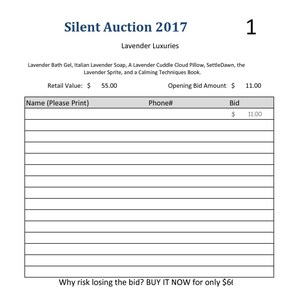 K&ouml;nnte beinhalten: Ein gedrucktes Blatt f&uuml;r eine stille Auktion mit dem Titel "Silent Auction 2017" zum Thema "Lavender Luxuries". Das Blatt listet Artikel wie Badegel, Seife, ein Kissen und ein Buch auf. Es enth&auml;lt Felder f&uuml;r Bieter, um ihre Namen, Telefonnummern und Gebote einzutragen.