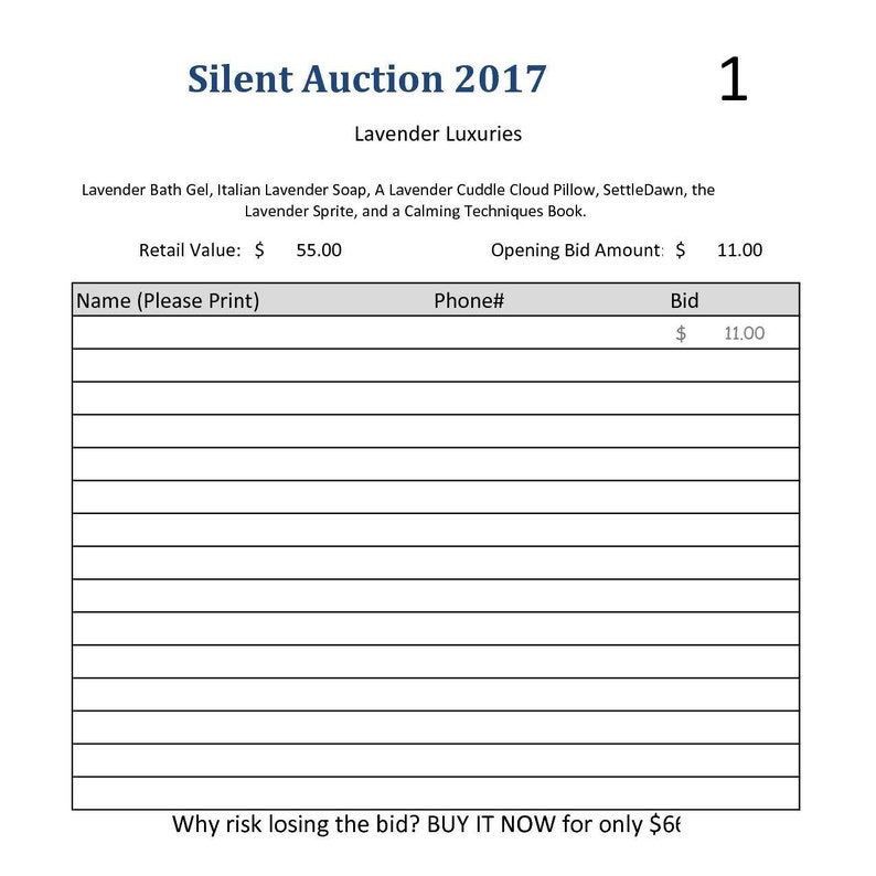 K&ouml;nnte beinhalten: Ein gedrucktes Blatt f&uuml;r eine stille Auktion mit dem Titel "Silent Auction 2017" zum Thema "Lavender Luxuries". Das Blatt listet Artikel wie Badegel, Seife, ein Kissen und ein Buch auf. Es enth&auml;lt Felder f&uuml;r Bieter, um ihre Namen, Telefonnummern und Gebote einzutragen.