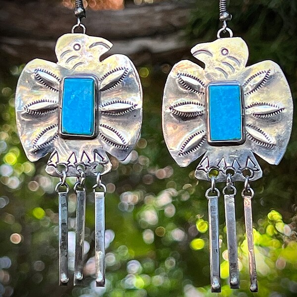 Fred Harvey Style Thunderbird Dangle Earrings - Handmade Navajo Sterling Silver and Natural Candelaria Turquoise