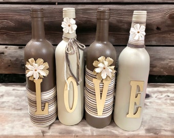 Decorated wine bottles   DarK Brown and Beige