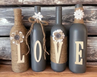 Wine bottle decor.   Hand painted custom decorated Love wine bottles. Color grey