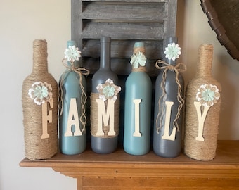 Wine bottle decor Hand painted-family-Custom decorated wine bottles-teal and gray in color