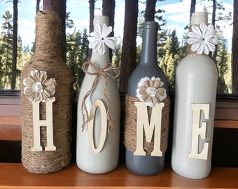 Wine bottle decor. Hand painted -cream and grey - custom decorated wine bottles