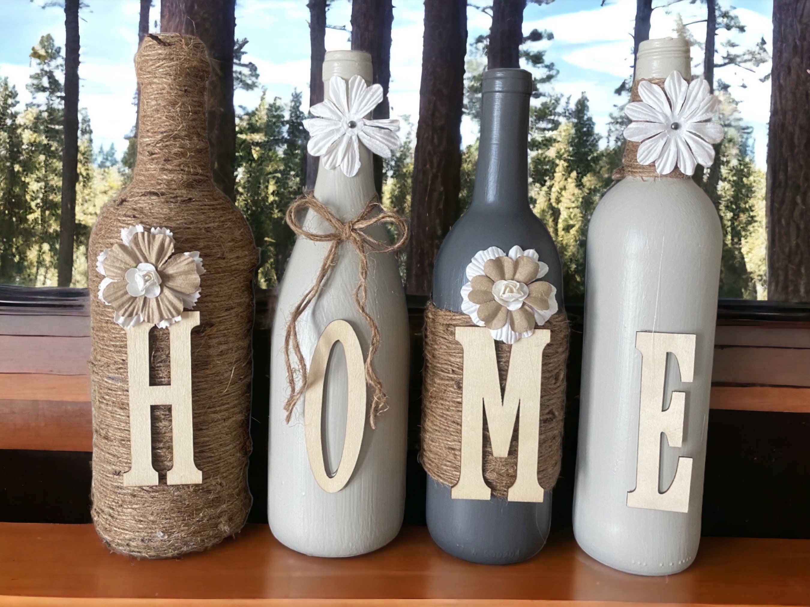 Wine bottle decor. Hand painted -cream and grey - custom decorated wine bottles