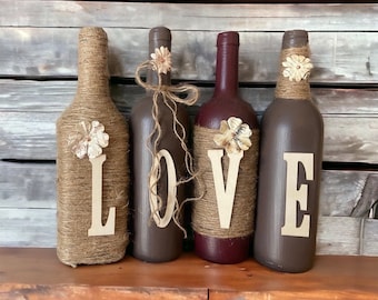 Wine bottle decor- Love- Dk brown Burgundy