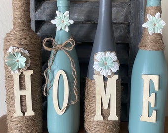 Teal and Gray Home Wine Bottle Set