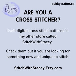 Promotional graphic for Quirky Crafter showcasing availability of unique digital cross-stitch patterns at StitchWithStacey.Etsy.com.