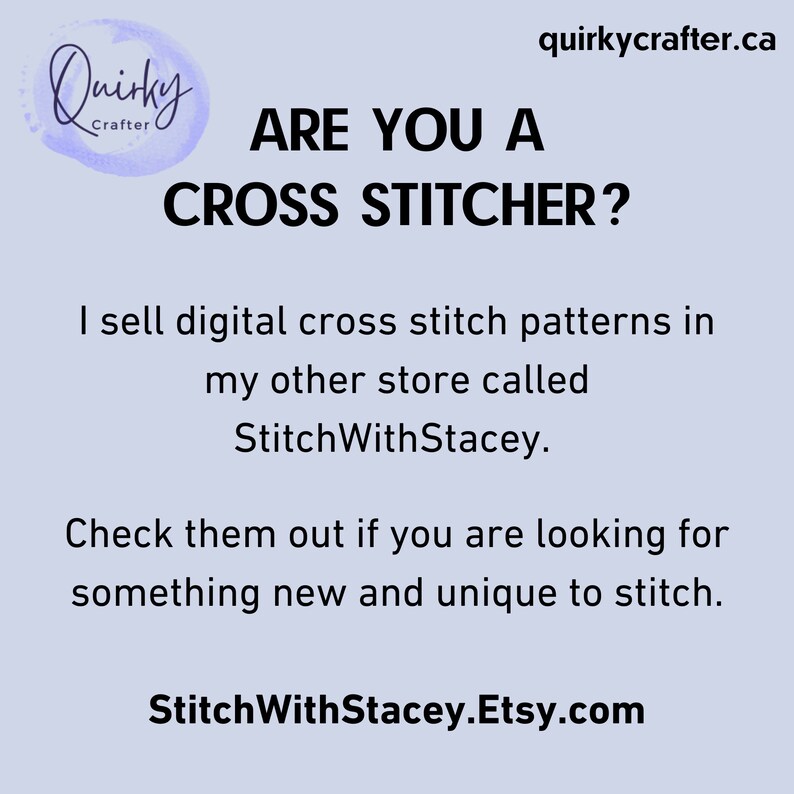 Promotional graphic for Quirky Crafter showcasing availability of unique digital cross-stitch patterns at StitchWithStacey.Etsy.com.