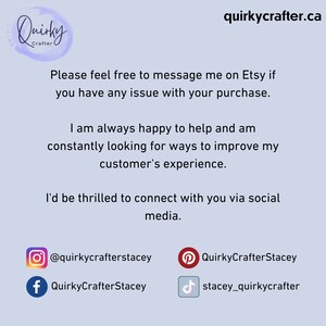 Customer service message from Quirky Crafter, inviting messages on Etsy for any purchase issues, with a commitment to improving customer experience and an invitation to connect on social media, including Instagram, Pinterest, Facebook, and TikTok.