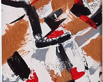 Pintura original abstrata em acrílico preto e dourado com moldura de madeira branca.