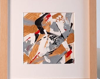 Pequena pintura abstrata em acrílico preto e dourado com moldura de qualidade.