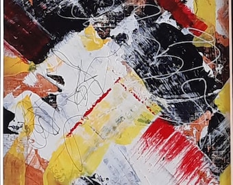 Pintura acrílica abstracta en negro, dorado y rojo con elegante marco gris.