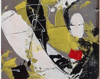 Pintura abstrata em acrílico: preto, amarelo e cinza com moldura.