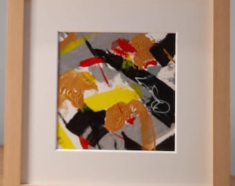 Pintura original abstrata em acrílico preto e dourado, de pequeno formato, com moldura de qualidade.