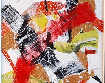 Cuadro abstracto acrílico en negro, dorado y rojo con elegante marco gris.