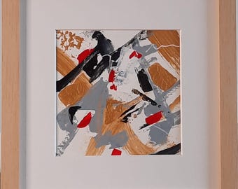 Pintura acrílica abstrata única, em preto e dourado, com moldura de alta qualidade.