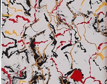 Pintura abstrata em acrílico nas cores preto, dourado, vermelho e branco, arte de parede emoldurada, peça compacta para galeria.
