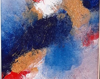 Cuadro abstracto acrílico en negro, dorado y azul con un atractivo marco gris.