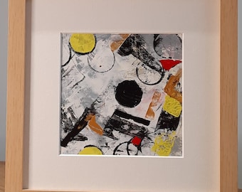 Pintura original abstrata em acrílico preto e dourado, de pequeno formato, com moldura de qualidade.