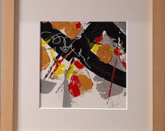 Pintura abstrata única em acrílico preto e dourado, de pequeno formato, com moldura de qualidade.