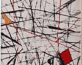 Pintura original abstrata em acrílico preto e vermelho com moldura cinza de alta qualidade.