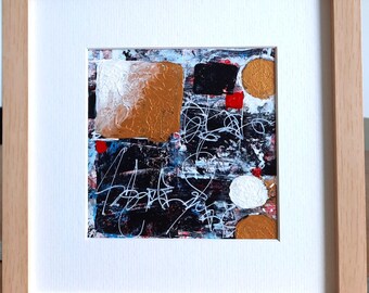 Pintura abstrata única em acrílico preto e dourado, de pequeno formato, com moldura de qualidade.