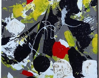 Pintura original abstrata em acrílico preto e amarelo com moldura de qualidade.
