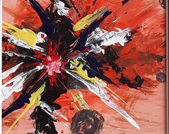 Cuadro abstracto acrílico en negro, azul, rojo, amarillo y blanco con un atractivo marco gris.