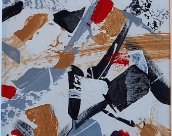 Pintura original abstrata em acrílico preto e dourado com moldura de qualidade.