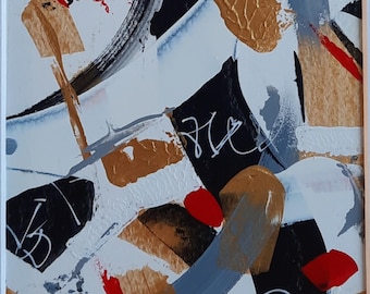 Pintura original abstrata em acrílico preto e dourado com moldura de qualidade.