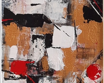 Pintura abstrata incomum em acrílico nas cores preto, dourado e vermelho, apresentada em uma elegante moldura cinza.