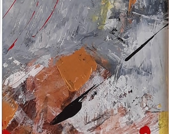 Obra abstracta en acrílico, negro, dorado, rojo, arte enmarcado en gris, pintura expresionista compacta.