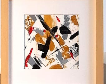 Pintura acrílica abstracta original en negro y dorado con marco de calidad.