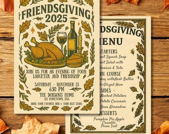 May include: A Friendsgiving invitation card with a vintage design. The card features illustrations of a turkey, wine, and pie, with text that reads "Friendsgiving 2025." The menu card lists starters, main courses, sides, and desserts.