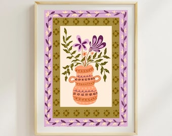 Lámina artística de jarrón floral, morado, colorida ilustración floral dibujada a mano, decoración moderna y estética para el hogar, arte femenino y juvenil, 5 x 7 pulgadas