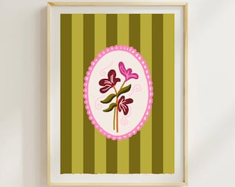 Lámina artística floral a rayas verdes, ilustración floral colorida dibujada a mano, decoración moderna y estética para el hogar, arte femenino y juvenil, 5 x 7 pulgadas