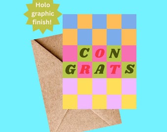 Tarjeta de felicitación, destellos holográficos, tarjeta de felicitación, linda nota de felicitación, estampado a cuadros, 4.25 x 5.5 pulgadas