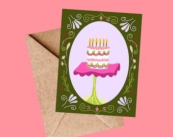 Tarjeta de felicitación con pastel floral caprichoso, 4.25 x 5.5 pulgadas, cumpleaños, celebración