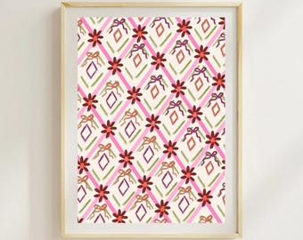 Lámina artística con diseño de lazos navideños, ilustración floral colorida dibujada a mano, decoración moderna y estética para el hogar, arte femenino y juvenil, 5 x 7 pulgadas