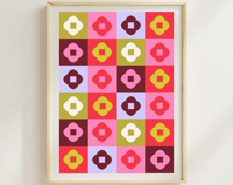 Lámina artística floral a cuadros vibrantes, ilustración floral colorida dibujada a mano, decoración moderna y estética para el hogar, arte femenino y juvenil, 5 x 7 pulgadas