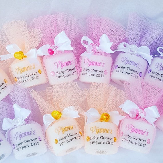 Baby Shower Favours Personalised Candle wrapped in Tulle Gender Reveal Keepsake (Qty 1)