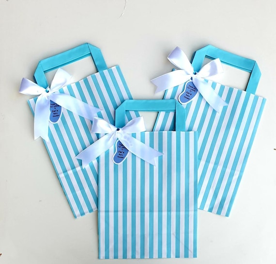 Baby Shower Favour Bags Blue and White Candy Stripe Personalised Tag Gender Reveal Party Baby Boy (Qty 1)