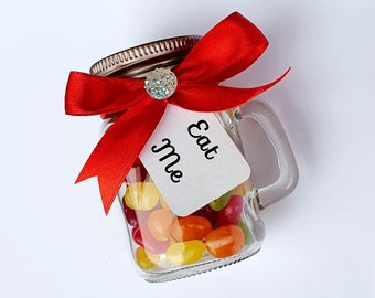 Mini Glass Mason Jar filled with Sweets Eat Me Tag Baby Shower Wedding Party Favours (Qty 10)